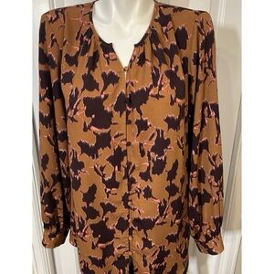 Nine West Brown Orange Abstract Print Womens Size Large Button Up